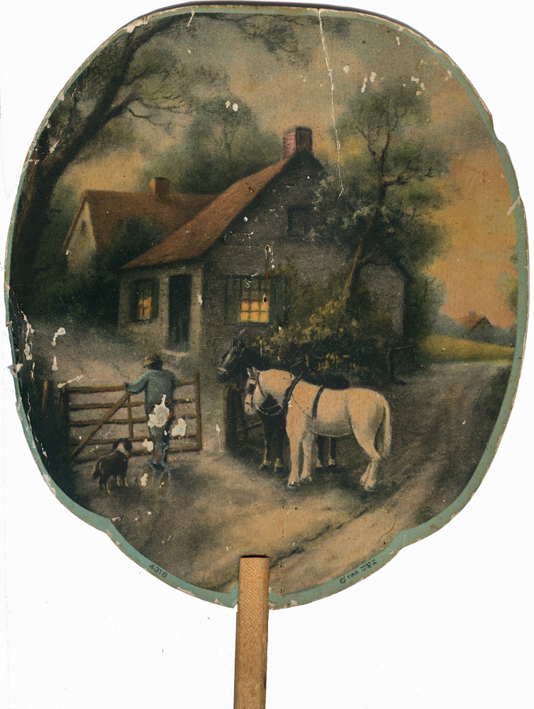 Advertising fan (cardboard) of farmhouse with horse and man at gate, for G Shearer, Pastry cook, Ipswich, c.1931