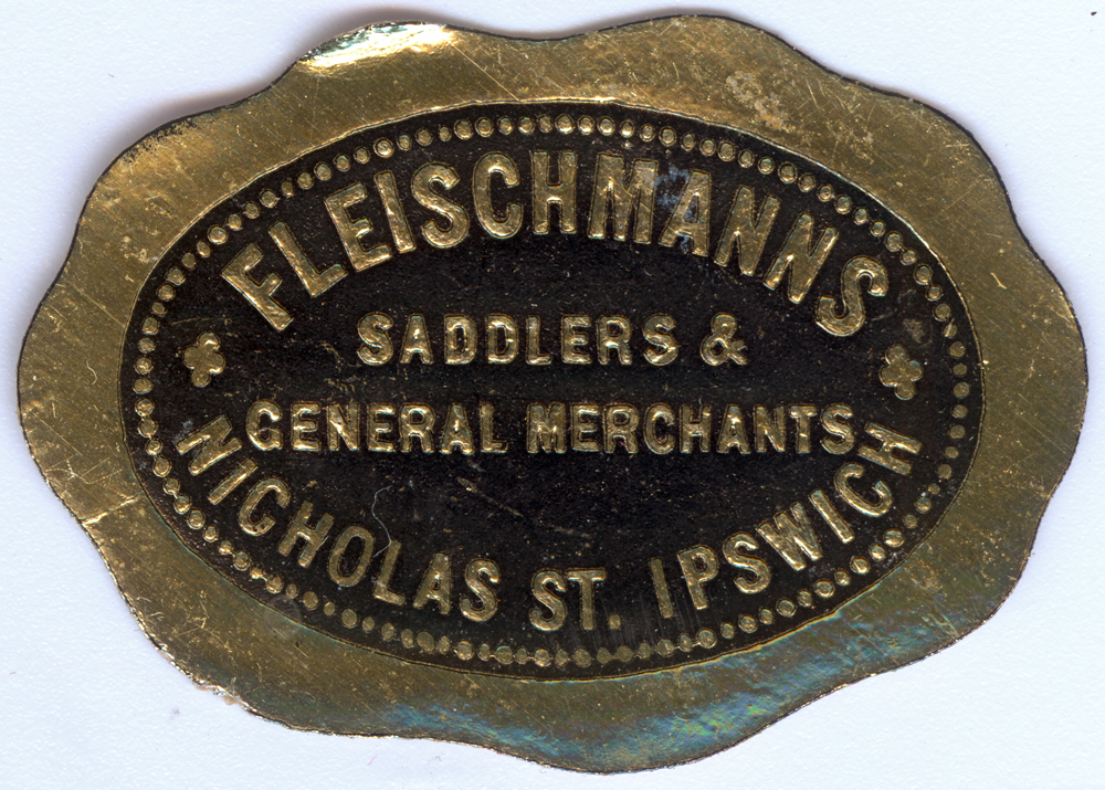 Sticker for Fleischmann's Saddlers and General Merchants, Nicholas Street , Ipswich, 1950-1954