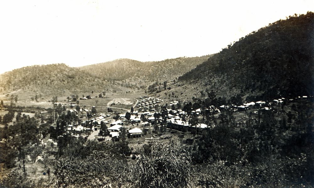 View over Somerset Dam region of Kilcoy, during construction, 1953