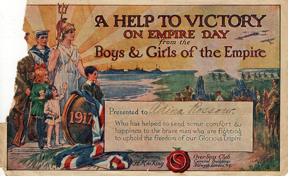 'A Help to Victory on Empire Day from the Boys and Girls of the Empire', certificate, presented to Adina Rossow, of Brassall, Ipswich, 1917