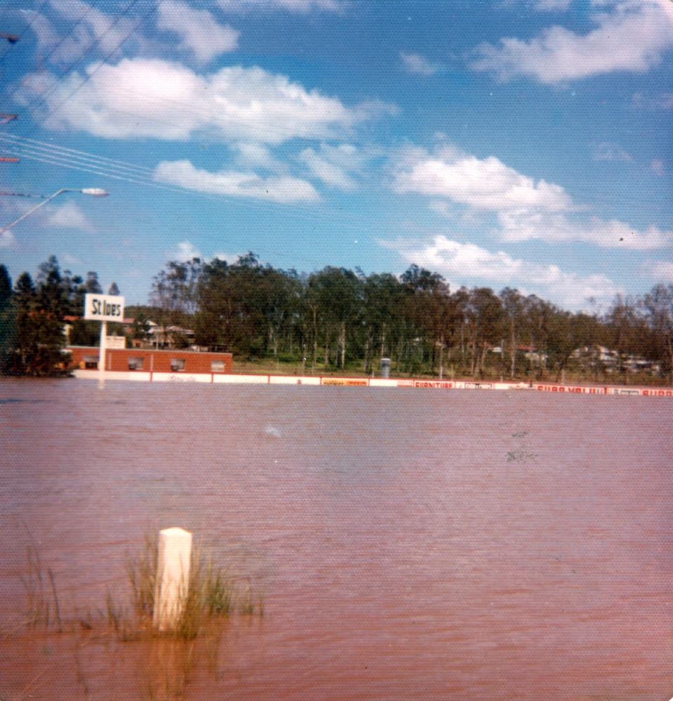 St Ives Shopping Centre, during flood, Goodna, Ipswich, 1974