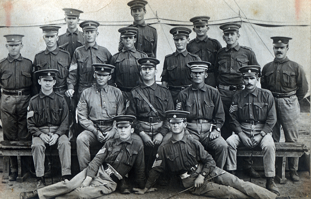 Postcard showing a group photograph of the members of Arthur Bennett's original platoon, Enoggera, 1915