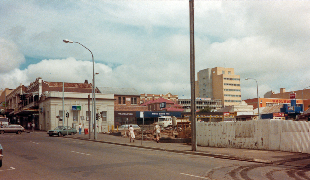 Corner of Brisbane and East Streets after demolition of Grande Hotel, Ipswich, 1984