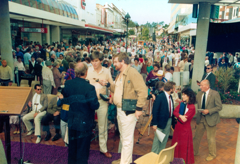 Interviewing people at the opening of the Mall, Ipswich, 1987
