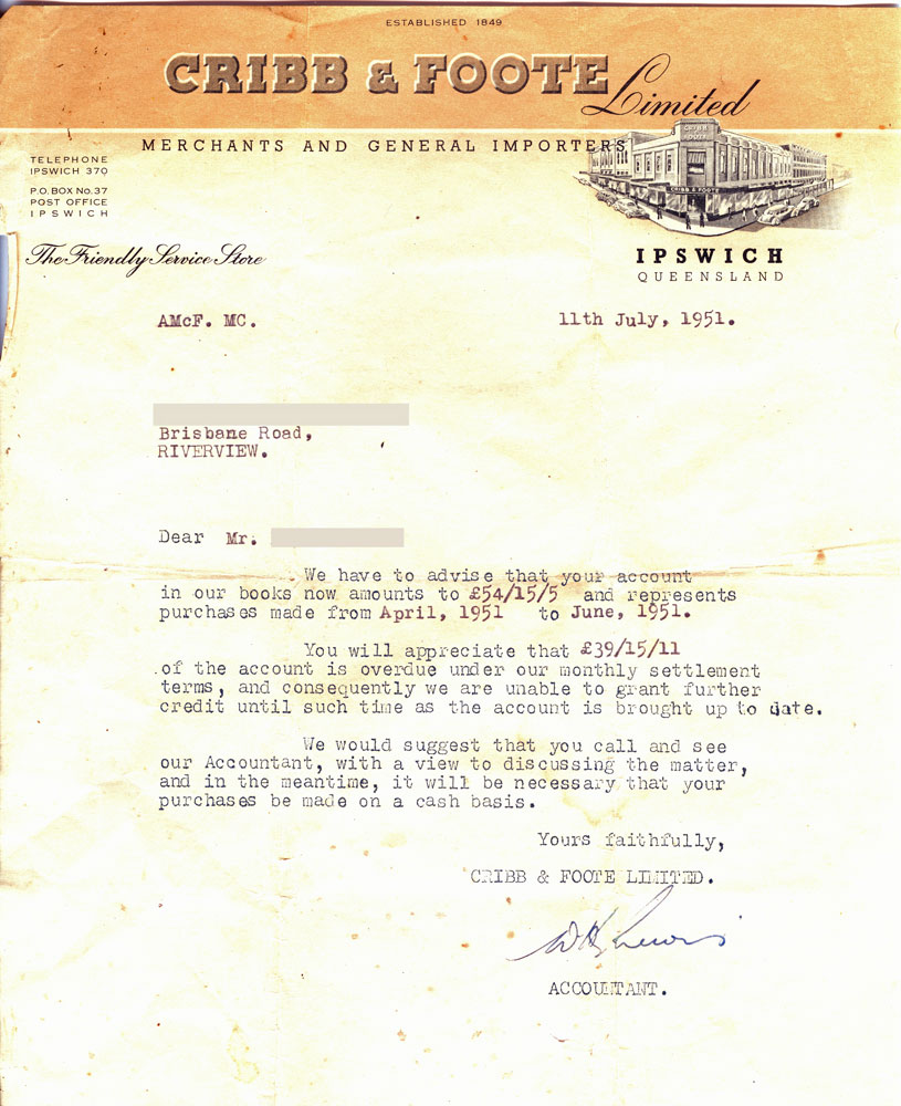 Letter requesting payment of account from Cribb &amp; Foote, Ipswich, 1951