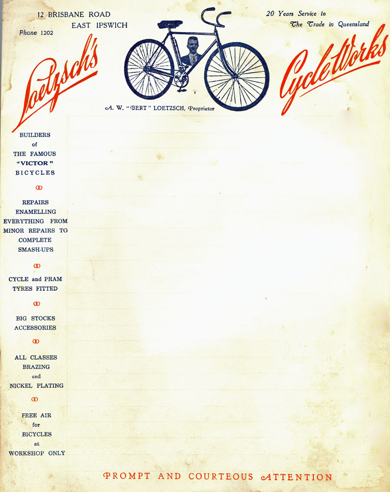 Letterhead from business 'Loetzsch's Cycle Works, of A W Loetzsch, East Ipswich, c.1935