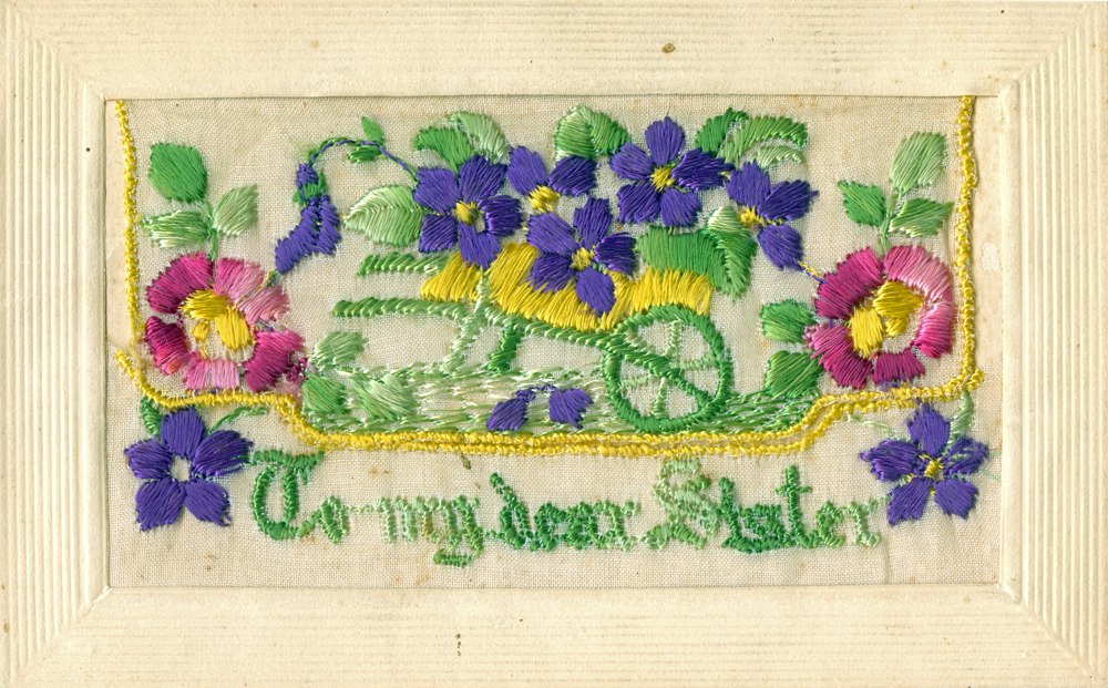 A silk postcard from a World War I soldier serving in France to his family in Rosewood, 1917