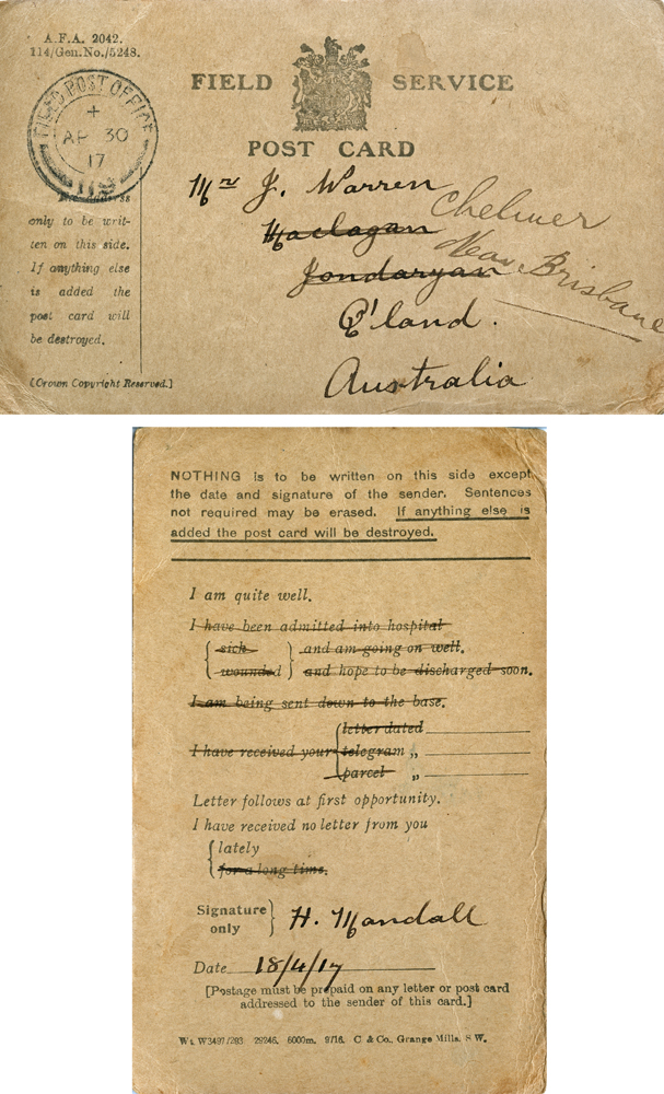 Field service postcard from Captain Arthur Warren to his father, 1917