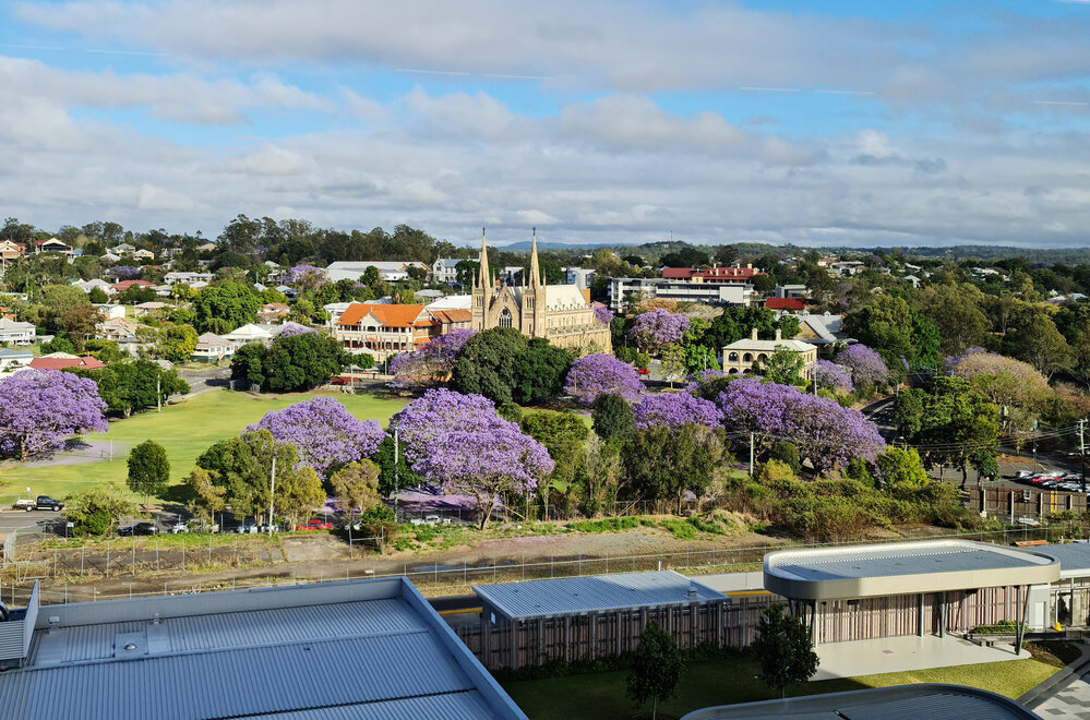 Panoramic view of Woodend from 6th floor of 1 Nicholas Street Ipswich, 2021