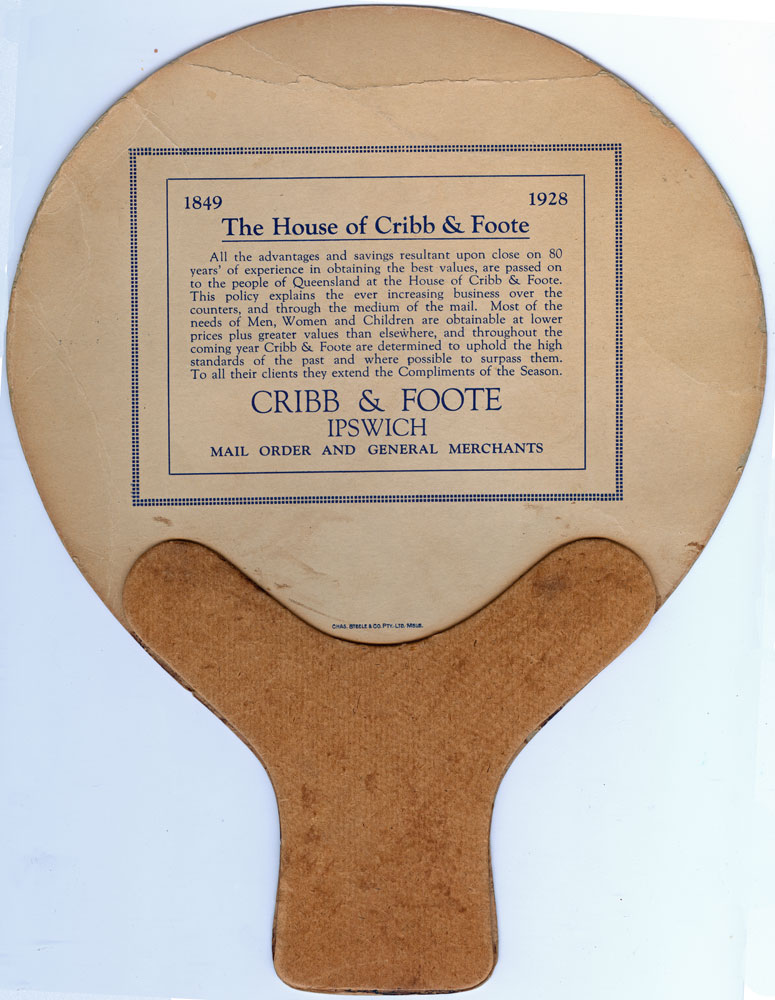 Advertising fan (cardboard) with image of young girl speaking on the telephone, for Cribb &amp; Foote Store, Ipswich, 1928