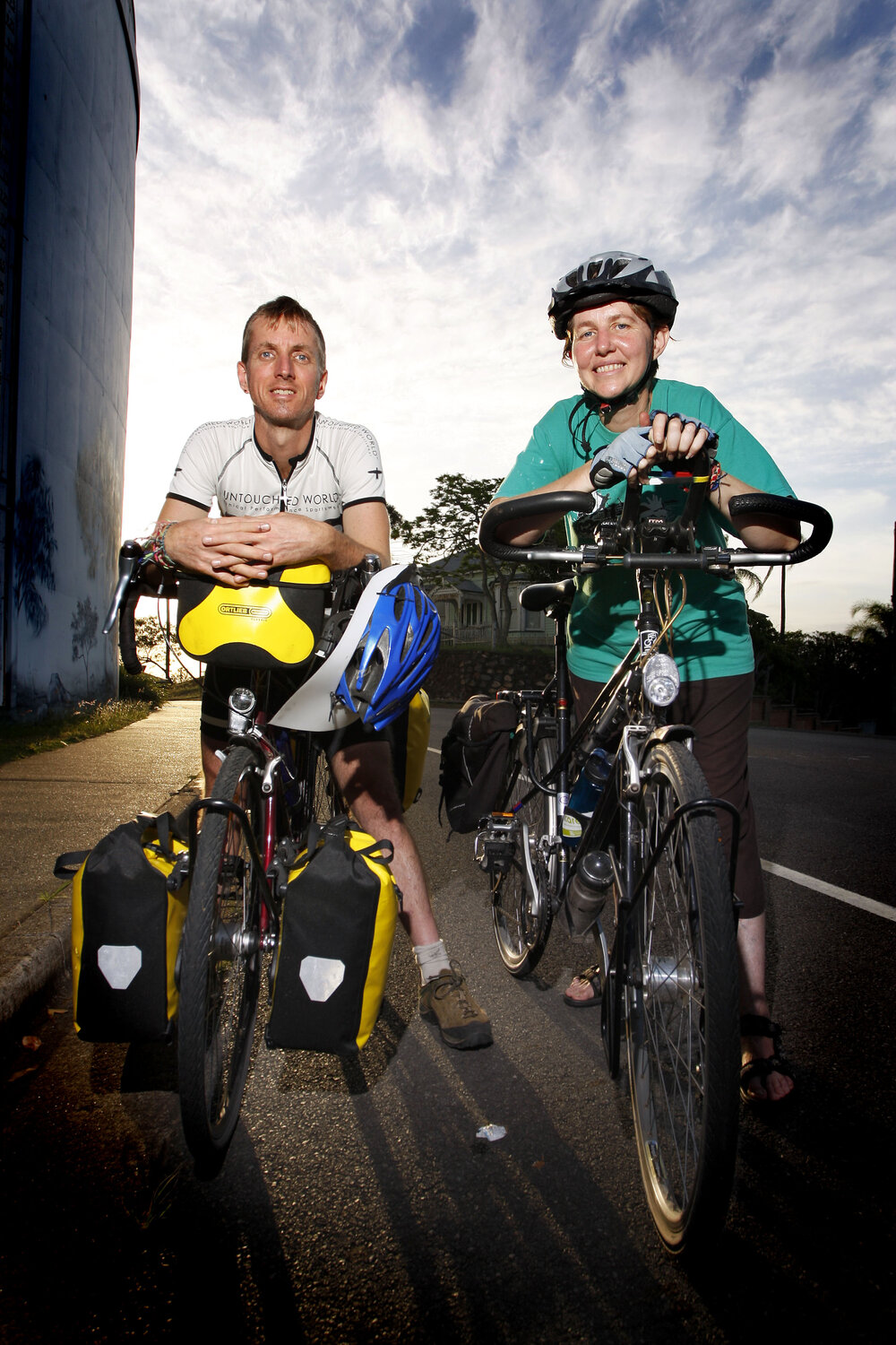 Roland Smith (left) of Melbourne is riding from Melbourne to Rio de Janeiro to raise money and awereness about living sustainably on earth. Also pictured is Cassie McMahon of Ipswich who is helping Roland through this leg of the journey, November 2010