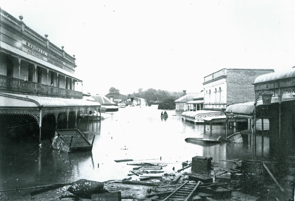 Brisbane Street in flood, looking towards Limestone Hill, Ipswich, 1893