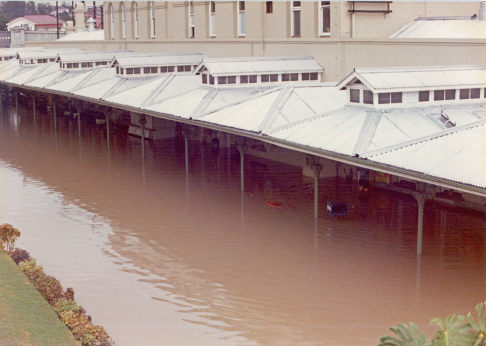 Ipswich Railway Station platform during flood of 1974
