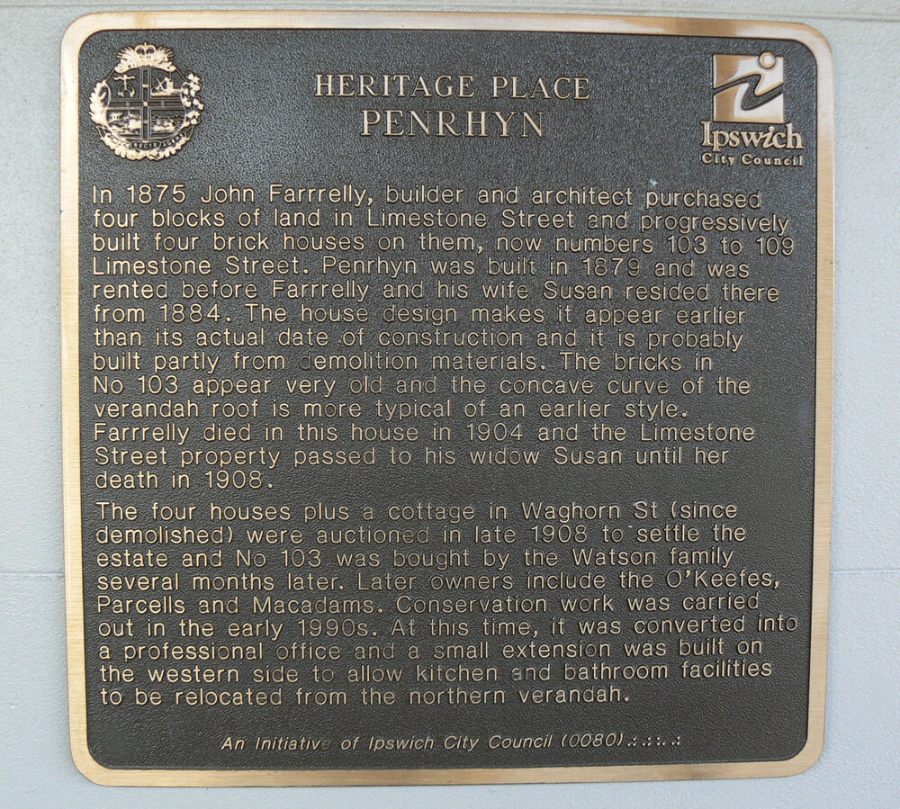 Historical Marker, Penrhyn, Limestone Street No 103, Ipswich