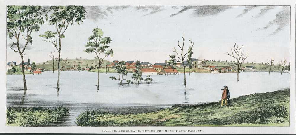 Lithograph of flood in Ipswich, 1870