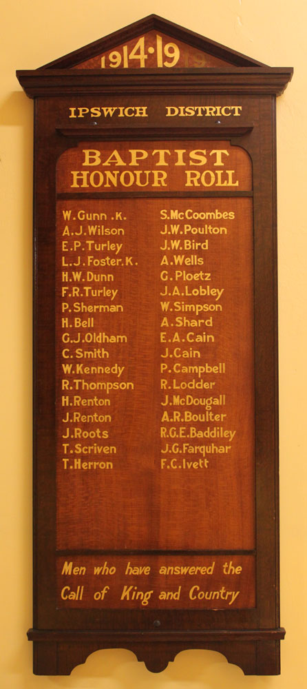 Ipswich District Baptist Honour board, held at the Ipswich RSL Sub-branch, Ipswich, 2015