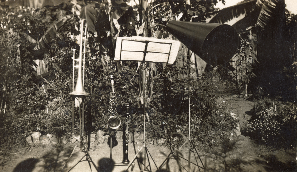 Some of the instruments played by Albert Edward (Bill) Booth in the backyard of his home at North Ipswich, 1938