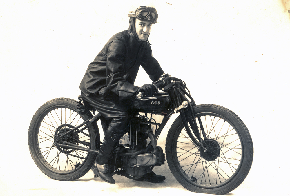 Harold Hastings, son of John Whyte Hastings, on his AJS motorcycle, n.d.