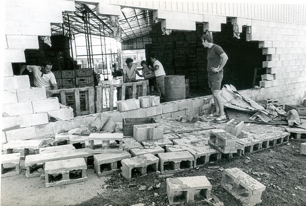McMahons Soft Drinks Factory wall, collapsed by the weight of water during floods in Ipswich, 1974