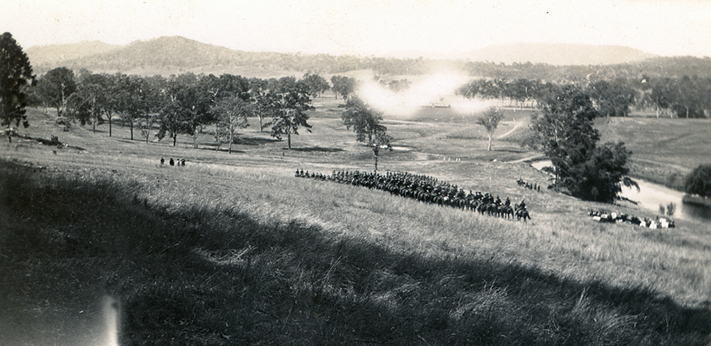 Members of the Australian Light Horse Regiment on exercise near Grandchester, Ipswich, 1942-1945