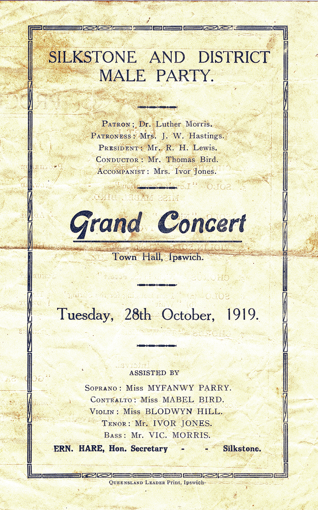 Silkstone and District Male Party, concert program, Ipswich 1919