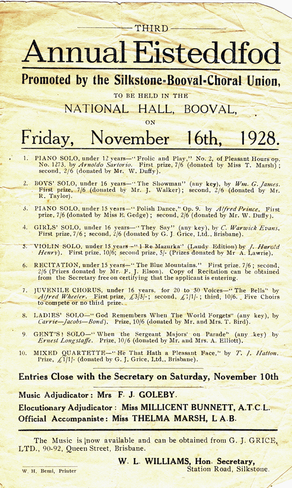 Third Annual Eisteddfod, Promoted by the Silkstone Booval Choral Union,  program, Booval,  Ipswich, 1928