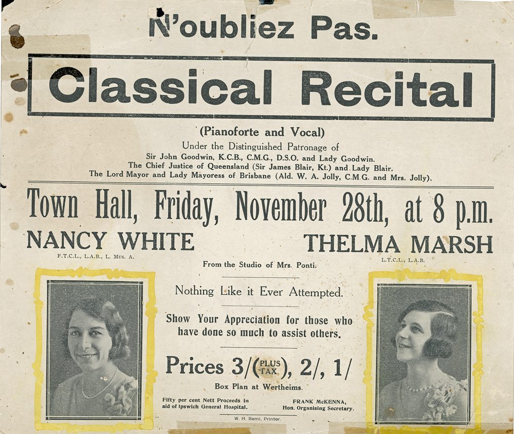 Poster promoting a Classical Recital with Nancy White and Thelma Marsh, Ipswich, 1930