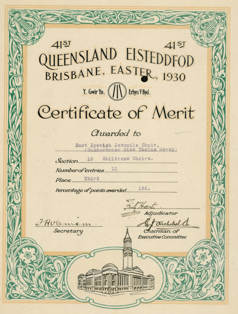 Queensland Eisteddfod, Brisbane, Certificate of Merit awarded to East Ipswich Juvenile Choir, 1930