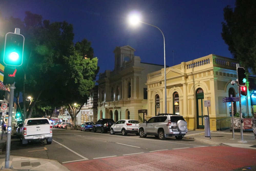 Nicholas Street &amp; Brisbane Street intersection at night, Ipswich, 2021