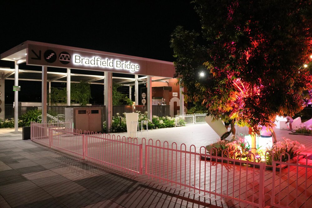 Entry to Bradfield Bridge lit up as part of Christmas in Ipswich: St Nicholas Precinct, Nicholas Street Precinct at Tulmur Place, Ipswich, 2021