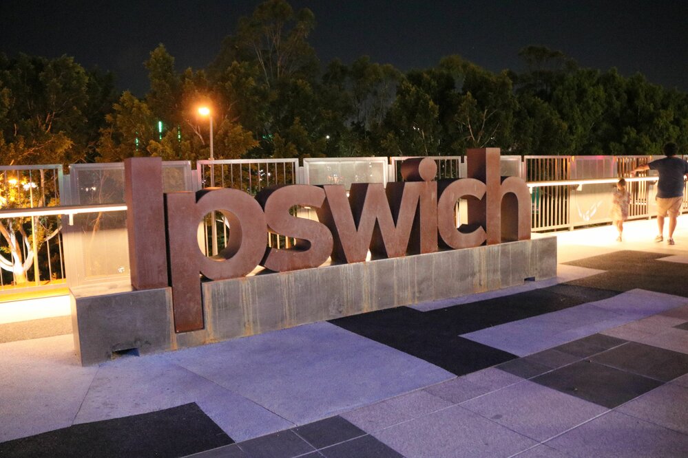 Ipswich sign at Christmas in Ipswich: St Nicholas Precinct, Nicholas Street Precinct &amp; Tulmur Place, Ipswich, 2021