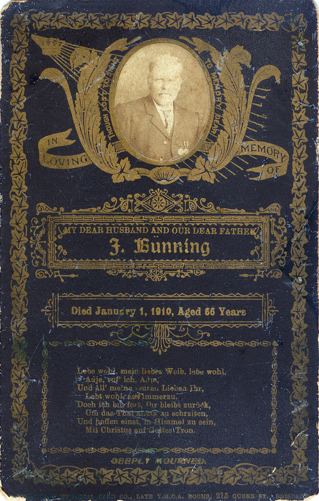 Remembrance card for Jocham Bunning who died in Marburg, Ipswich, in 1910
