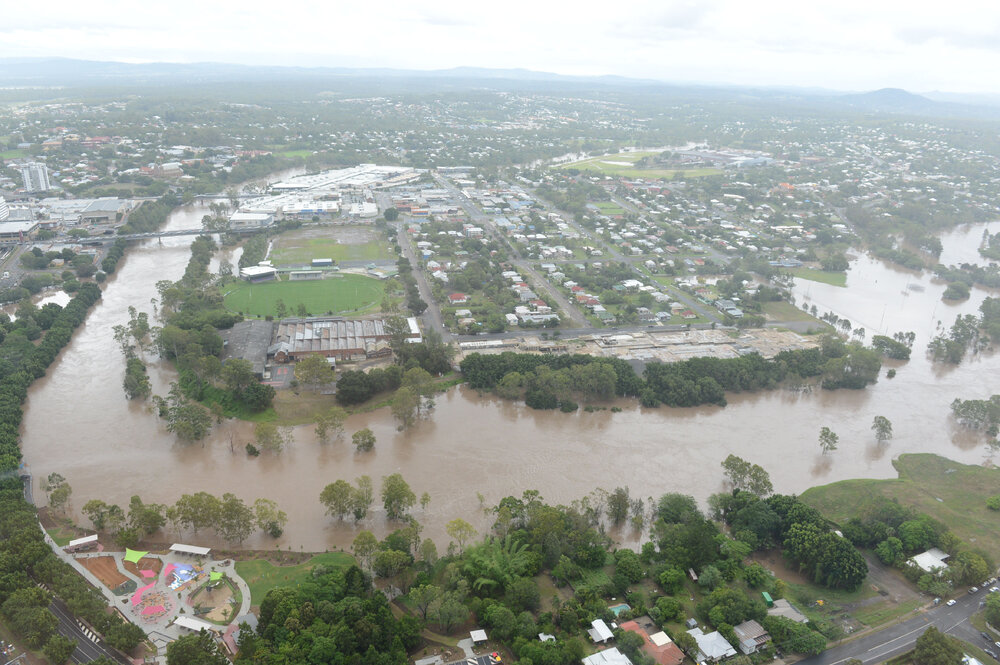 Bremer River flooding in the Ipswich CBD, Riverheart Parklands, and North Ipswich, January 2013