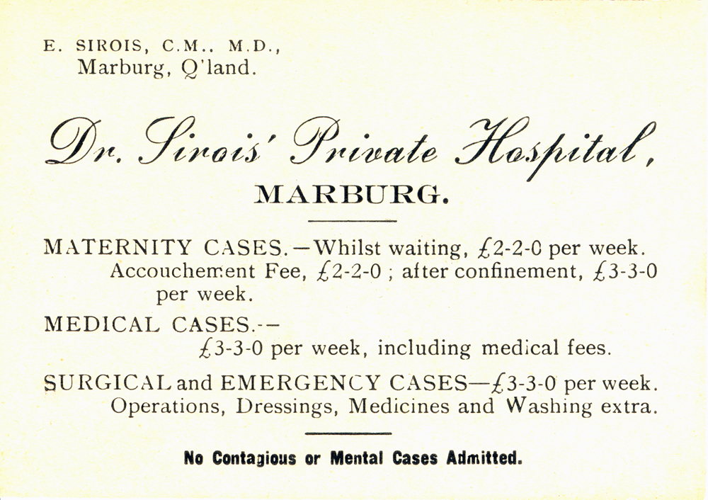 Business card for Dr. Sirois' Private Hospital, Marburg, Ipswich, 1920s