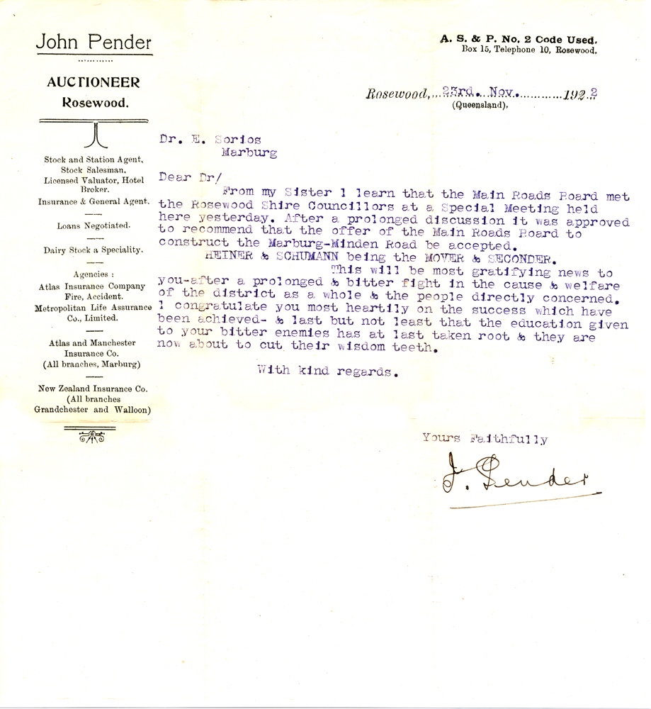 Letter from John Pender, Auchtioneer, Rosewood, to Dr. Sirois, Marburg, Ipswich,  1922