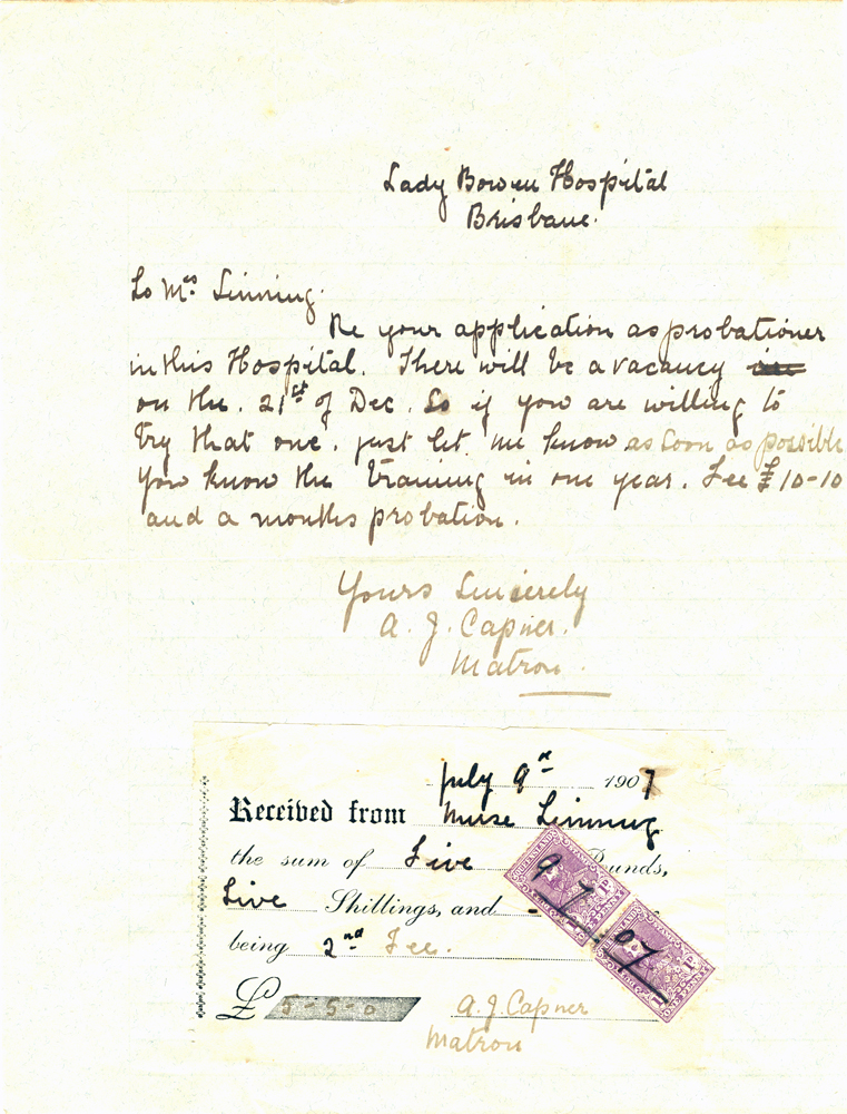 Letter from Matron Capner at the Lady Bowen Lying In Hospital, Wickham Terrace, Brisbane, to Nurse Louisa Linning, 1907