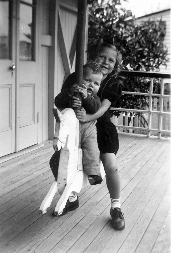 Handmade wooden horse at home in Shelley Street, Brassall, Ipswich, early 1950s