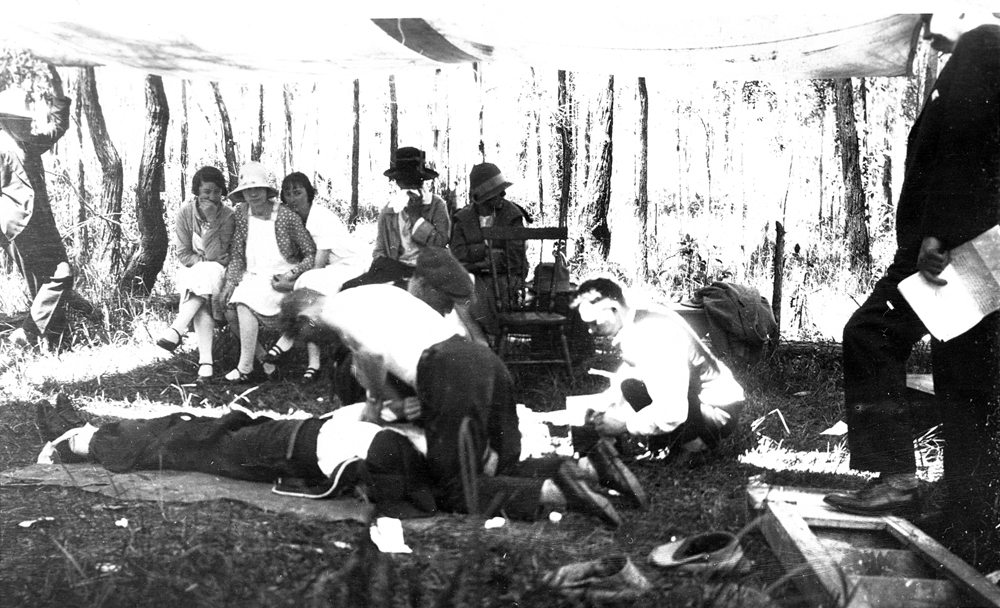 Training session for Ipswich Railway Workshops Ambulance group, Ipswich, 1920s
