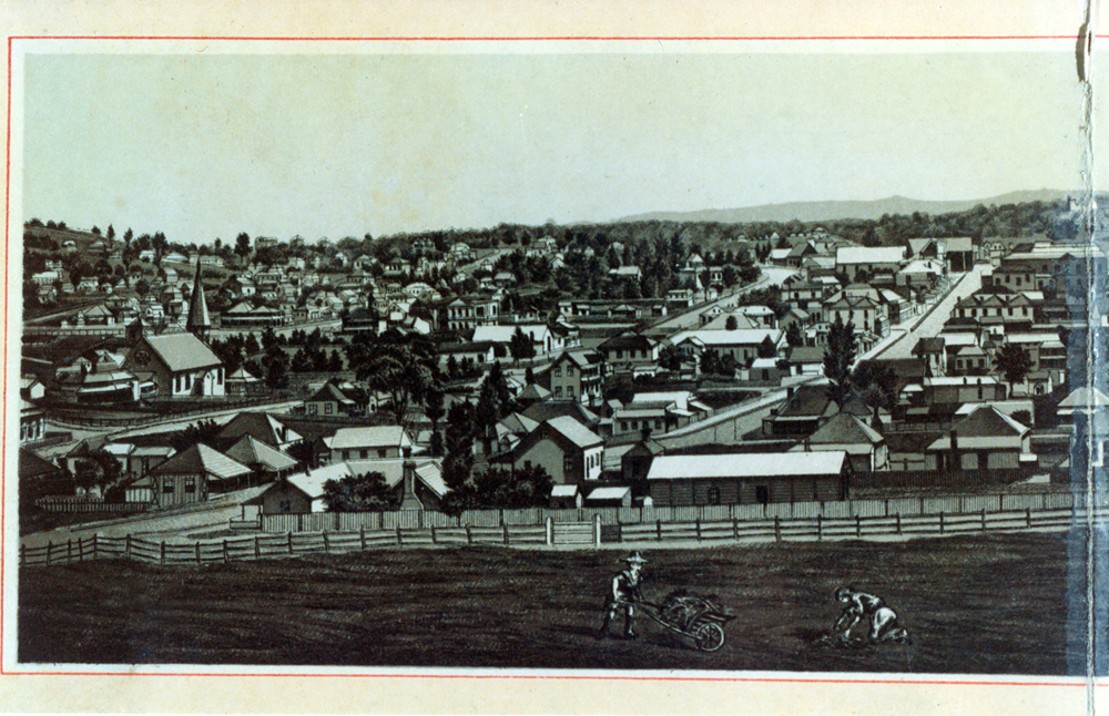 Panorama of Ipswich looking down Brisbane Street from Queens Park, Ipswich, 1887 (1990s)