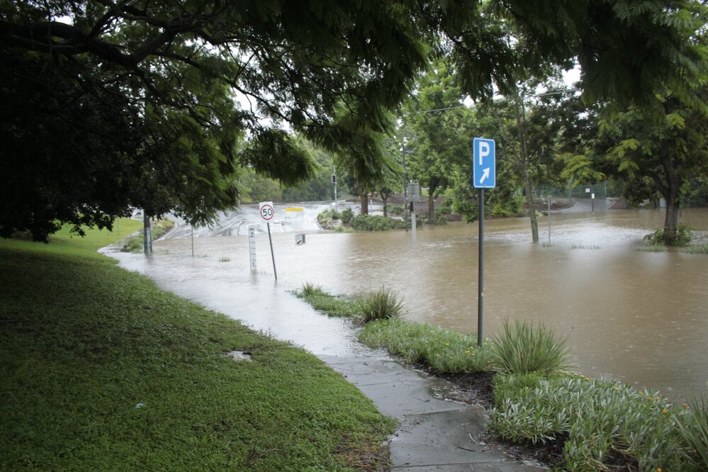 Flooding across Bremer Street, looking towards Roseberry Parade, during 2022 flood event, Ipswich, 27th February 2022