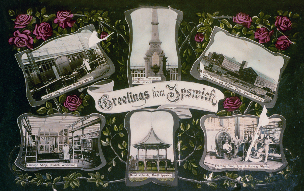 Postcard depicting mainly scenes from Ipswich Railway Workshops, c.1910