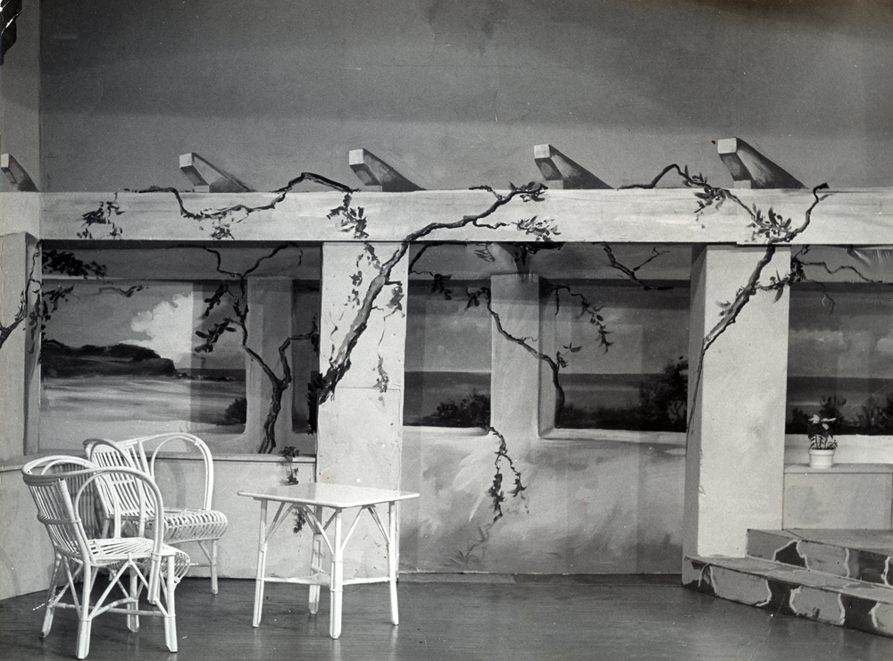 Set from 'Relatively Speaking'  [by] Alan Ayckbourn, painted by Ossie Nash, performed by Ipswich Little Theatre, 1974