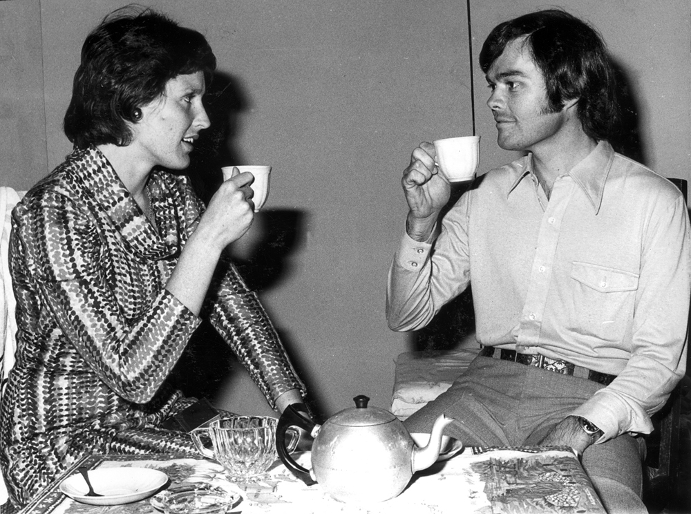 Scene from 'Relatively Speaking' [by] Alan Ayckbourn, performed by Ipswich Little Theatre, Ipswich, 1974.