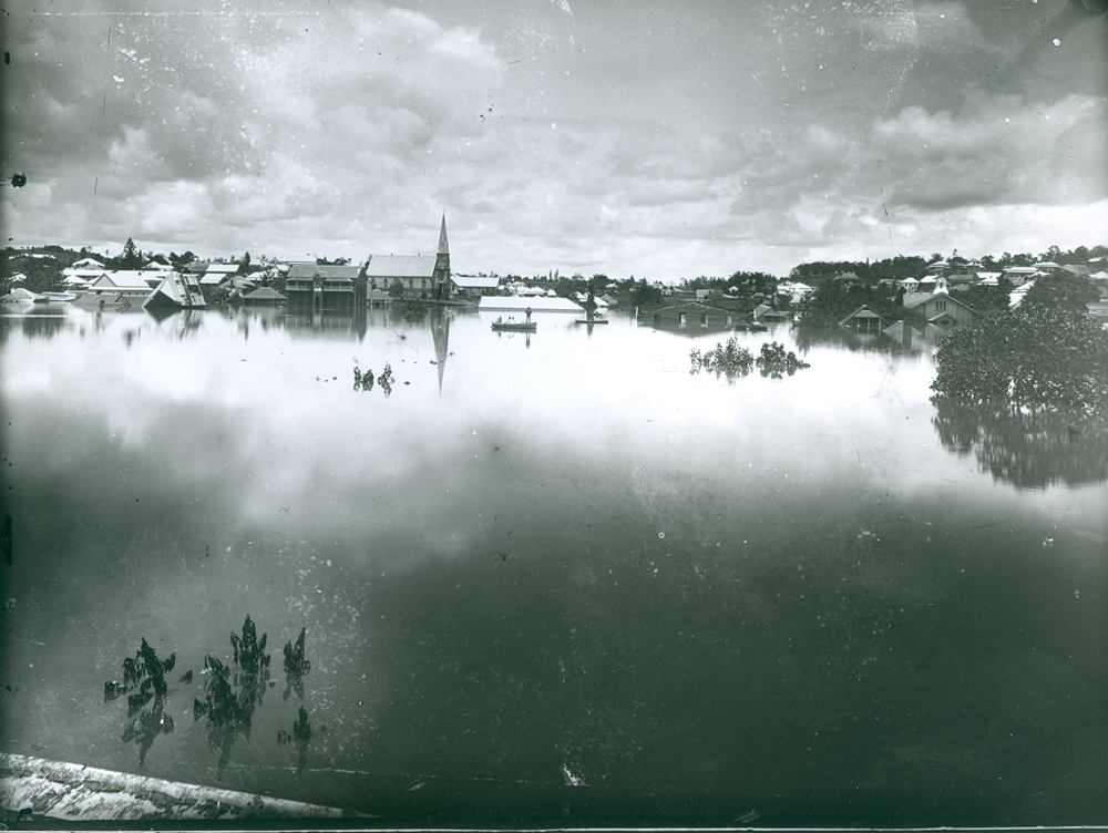 Bremer River in flood looking towards St Stephens Presbyterian Church, Ipswich, 1893