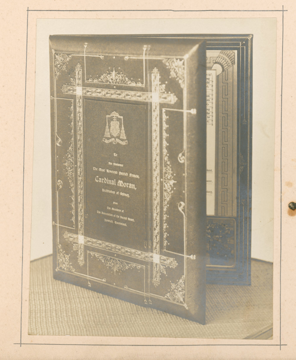 Cover of the Illuminated Address to Cardinal Moran, presented at the dedication service of St Mary's, Ipswich, 1904