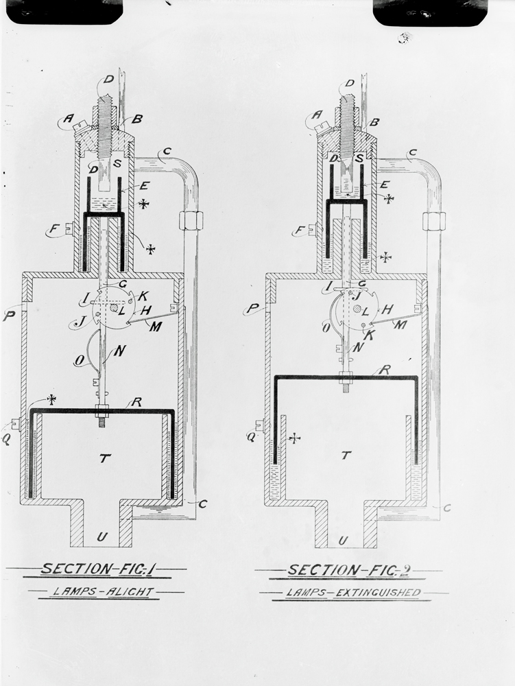 Technical drawing for an automatic lamp lighter and extinguisher, Martin William (Will) Haenke, Ipswich, c.1900