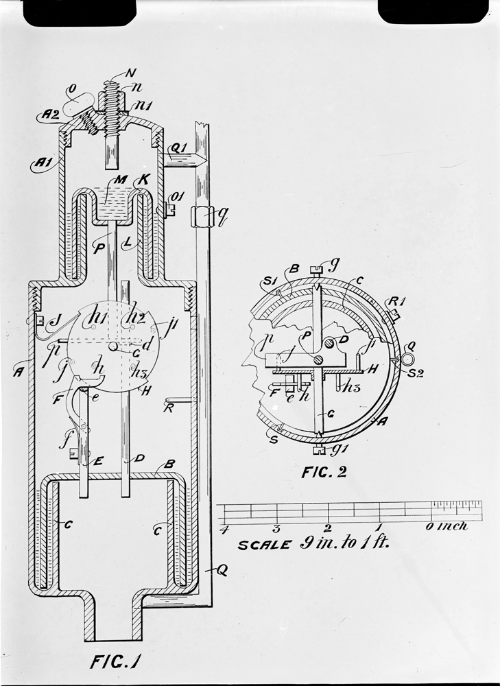 Technical drawing for an automatic lamp lighter and extinguisher, Martin William (Will) Haenke, Ipswich, 1900s