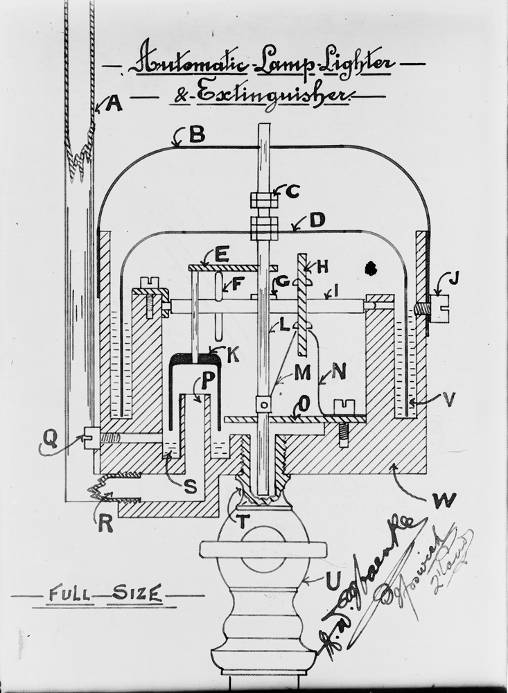 Technical drawing for an automatic lamp lighter and extinguisher, Martin William (Will) Haenke, Ipswich, c.1900