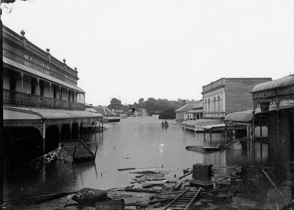 Flooding in Brisbane Street, looking east towards Limestone Hill, Ipswich, c.1893