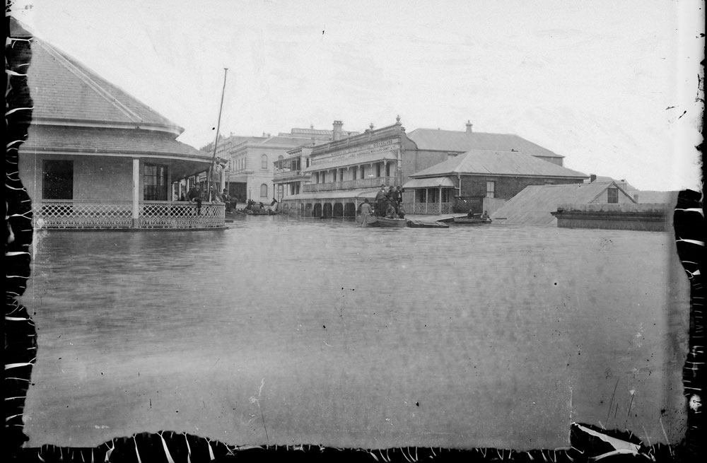 Palais Royal Hotel, during flooding, corner East and Brisbane Street, Ipswich, c.1893.